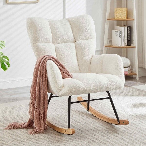 Angel Sar AngelSarGliderChair,TuftedUpholsteredTeddyFabricRockingChairwithMetalFrame,IvoryWhiteAccentChairforLivingRoomandBedroom