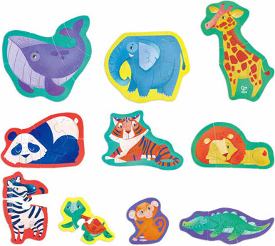 Hape Jungle Friends Puzzle - 10 Mini Animal Shaped Puzzles, 2-6 Oversized Pieces Each, Colorful Design, Preschool Toy, Toddlers & Kids Ages 18mo+