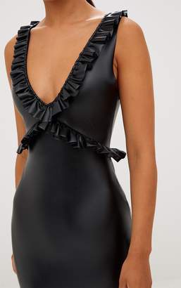 PrettyLittleThing Black Faux Leather Frill Detail Bodycon Dress