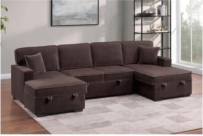 Latitude Run Chocolate Finish Modern Style Convertible Sectional 3Pc Corduroy Fabric Upholstered Sleeper Sofa Two Storage Chaises Primary Living Room
