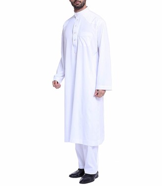 Cicano Men Muslim Robe Long Sleeve Loose Top + Bottom Set Arab Middle East Dress Clothes Islamic Robe Suit White M