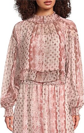 MelloDay Coordinating Printed Chiffon Mock Neck Long Sleeve Ruffle Hem Blouse