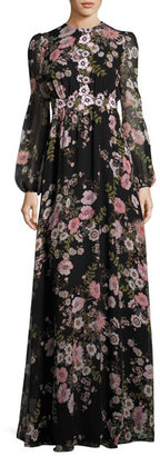 Giambattista Valli Long-Sleeve Anemone-Print Gown, Black