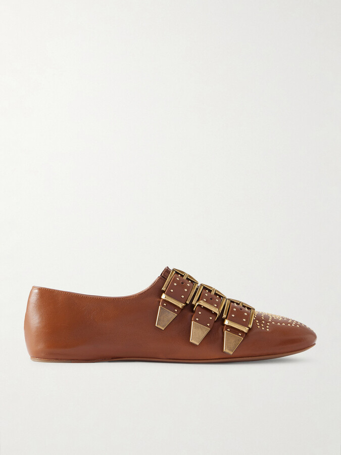 Chloé Susan Studded Buckled Leather Flats - Red