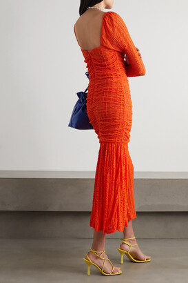 Ganni Ruched Stretch-cloqué Midi Dress - Orange - ShopStyle