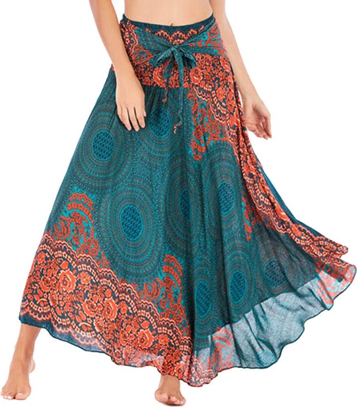 Sanahy Women's Long Bohemian Style Gypsy Boho Hippie Skirt Loose Wrap Skirt  High Waisted Maxi Skirts Summer Tie Up Beach Skirt(Green - ShopStyle
