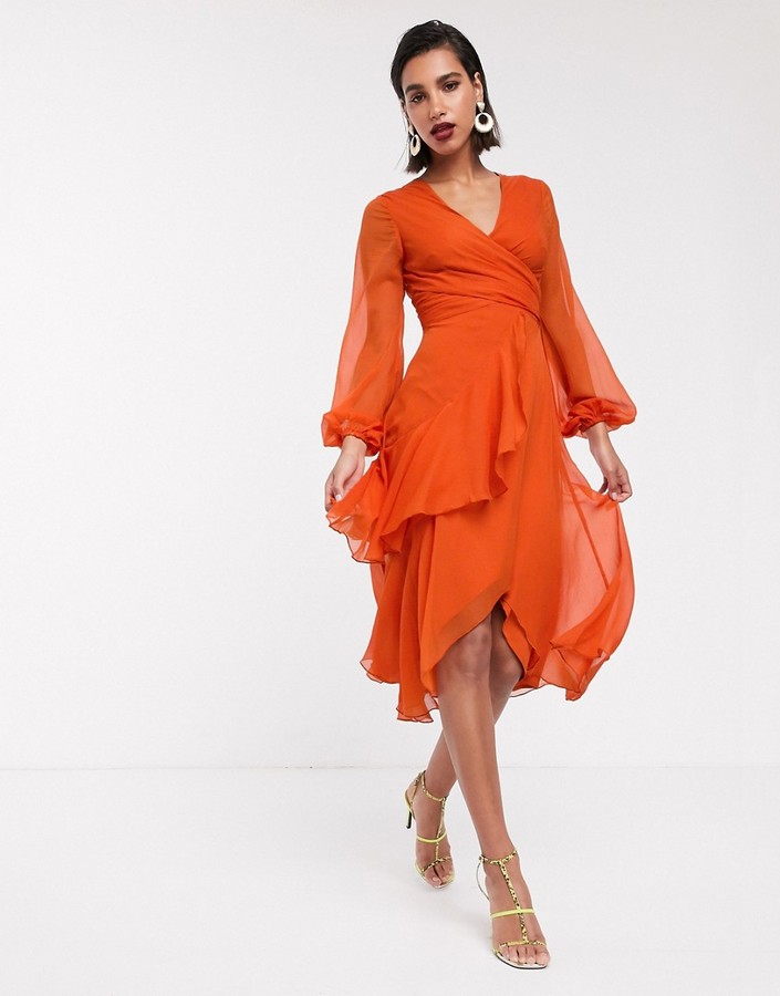 asos design double layer midi embroidered dress with long sleeves