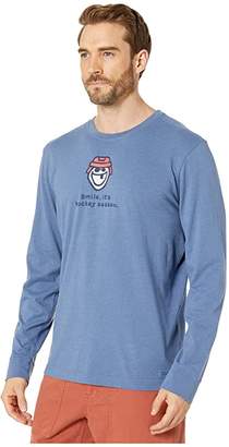 Life is Good Smile, It's Hockey Season Long Sleeve Crushertm Tee (Heather Vintage Blue) Men's T Shirt