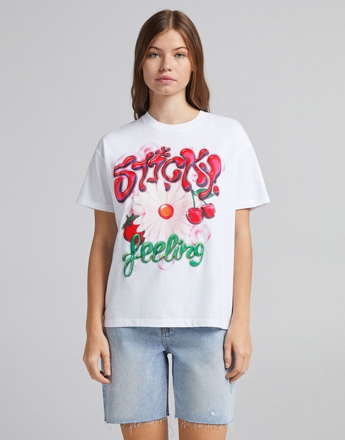 Bershka graffiti floral oversized tee in white - ShopStyle T-shirts