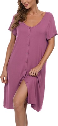 JINKESI Women's Nightgown Short Sleeve Sleep Nightshirt Button Down  Sleepwear Soft Pajama Dress Purple Red -Large - ShopStyle