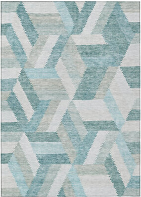 Bungalow Rose 5' X 8' Teal Blue Geometric Washable Indoor Outdoor Area Rug