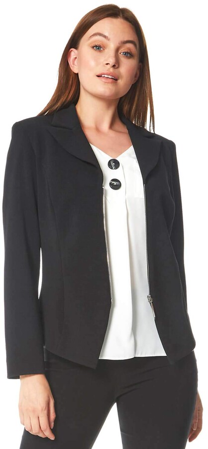 Black Roman Originals Womens Textured Blazer Jacket Ladies Zip Detail Edge to Edge Smart Casual Work Office Interview Formal Evening Style Lightweight Oversized Tailored Size 12