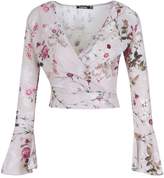 Thumbnail for your product : boohoo Petite Danielle Floral Flared Wrap Front Top