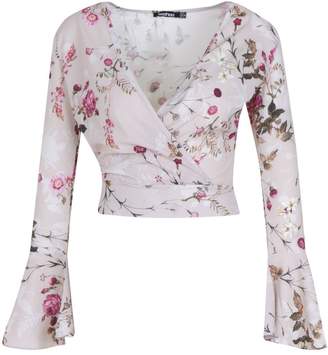 boohoo Petite Danielle Floral Flared Wrap Front Top