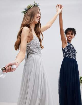 Maya Tall Cami Strap Sequin Top Tulle Detail Maxi Bridesmaid Dress
