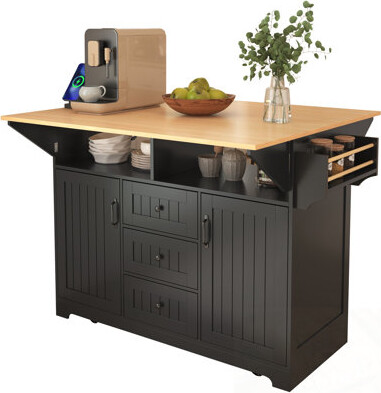 Ebern Designs Kitchen Island With 2 Drop Leaf Power Outlet Spice & Towel Rack And 3 Drawers