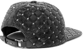 Valentino The Rockstud Quilted Glossed Textured-leather Baseball Cap - Black