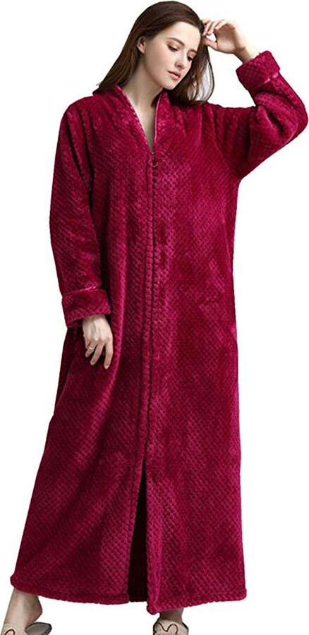 Kinloy Womens Plus Size Lightweight Luxury Dressing Gown Long Zip Up  Couples Bath Robes Flannel Home Bathrobe Housecoat Rose Red XL 14-20 UK -  ShopStyle