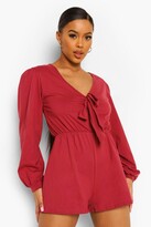 Thumbnail for your product : boohoo Plunge Balloon Sleeve Tie Front Playsuit