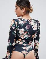 Thumbnail for your product : ASOS Design Long Sleeve Tie Cuff Floral Print Wrap Daywear Body In Black