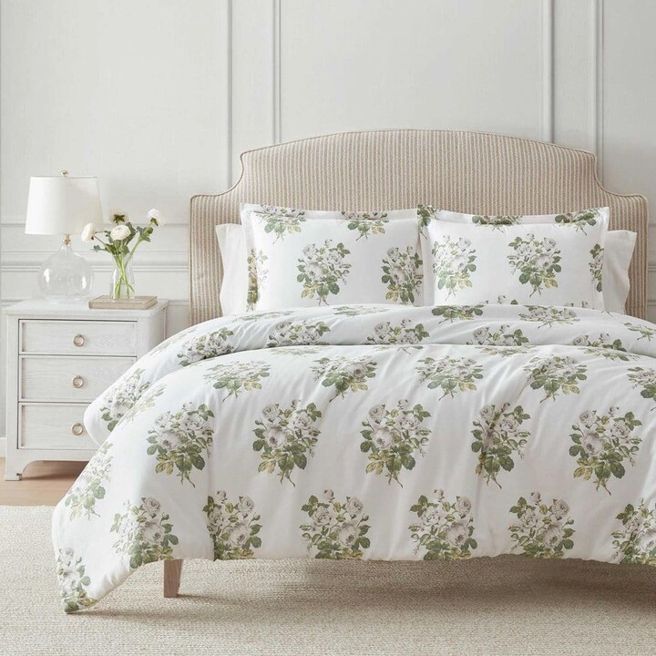 Martha Stewart Eloise Floral 3-Piece Moonlight Grey Cotton Sateen Full/Queen Duvet Cover Set