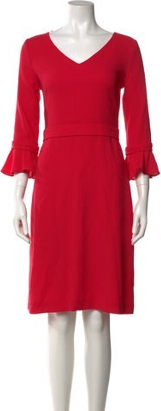 Goat Wool Sheath Dress Red Three-Quarter Sleeve with V-Neck Concealed Zip Closure at Back