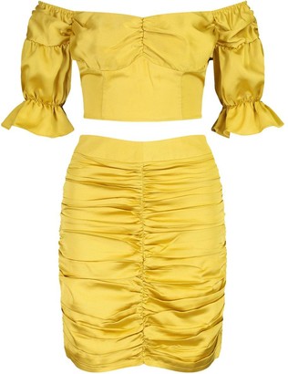 boohoo Satin Bardot Corset Style Top and Skirt Co-ord