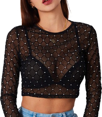Huazhu Women's Long Sleeve Glitter Sheer See Through Mesh Crop Tops Sexy  Transparent T Shirt Blouse Clubwear (Black - ShopStyle
