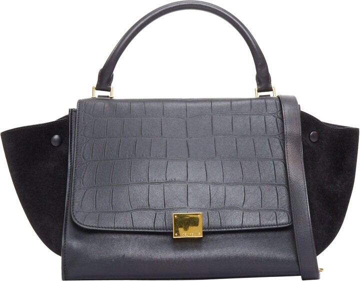 Celine Trapeze Black Embossed Scaled Leather Gold Clasp Crossbody Bag