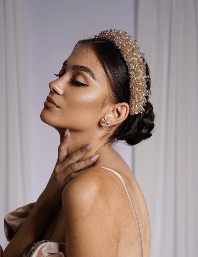 Etsy Champagne Wedding Headband Crystal Tiara Crown Rose Gold Peach Headband