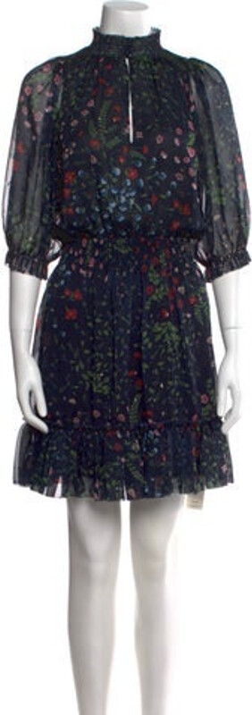 Joie Dress Blue Floral Print Ruffle & Glitter Accents Three-Quarter Sleeve with Mock Neck Button Closure at Front Designer