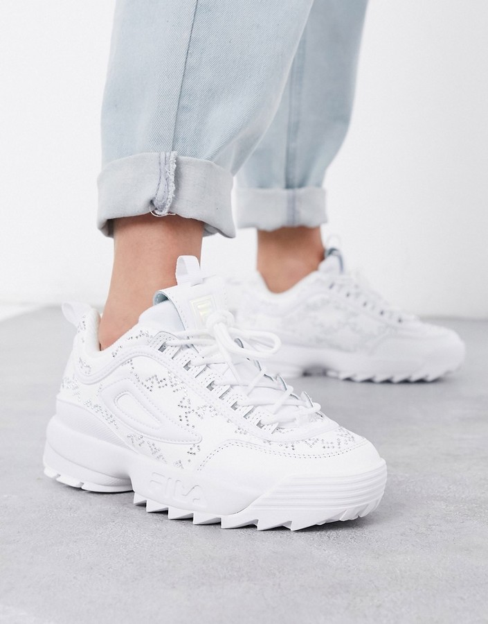 Fila Disruptor II diamante print trainers in white velvet ShopStyle