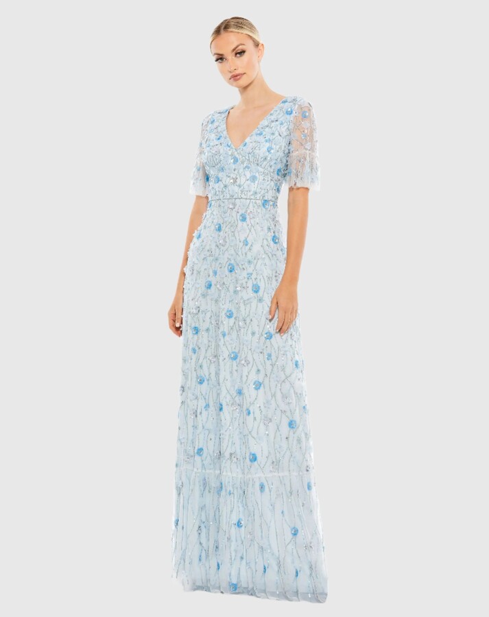 - Blue Embellished V-Neck Empire Waist Ruffle Hem Gown - Powder Blue / US 12