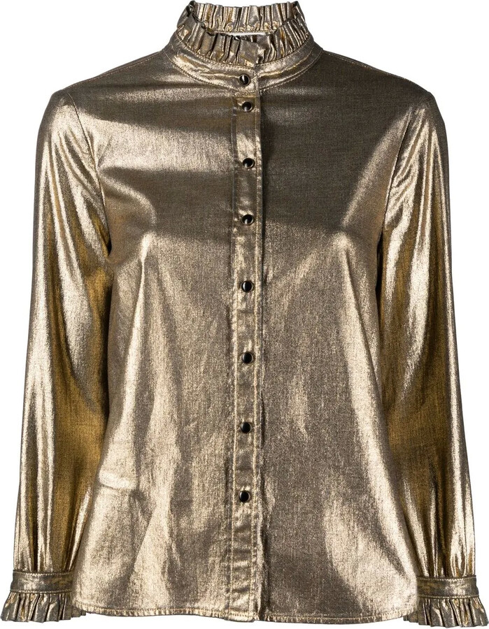 Saint Laurent Ruffled Collar Metallic Blouse - ShopStyle Long Sleeve Tops