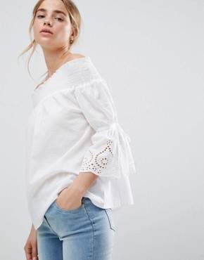 Bardot Influence Top With Broderie Sleeve Detail
