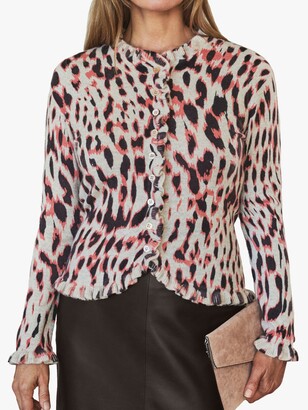 Pure Collection Cashmere Leopard Print Ruffle Cardigan, White/Black/Pink