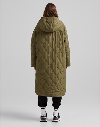Bershka quilted long line jacket in khaki - ShopStyle