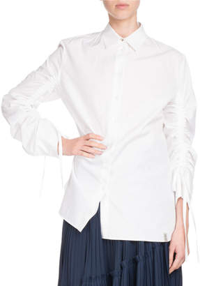 Button-Front Drawstring-Sleeve Poplin Shirt