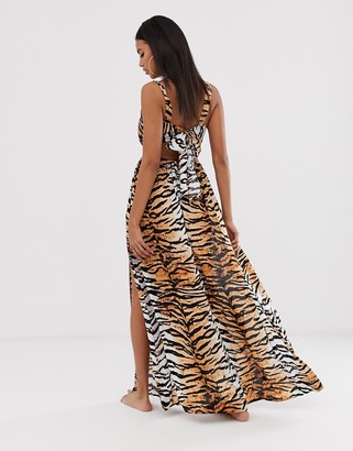 ASOS DESIGN tie back cross front split maxi beach dress in natural tiger print