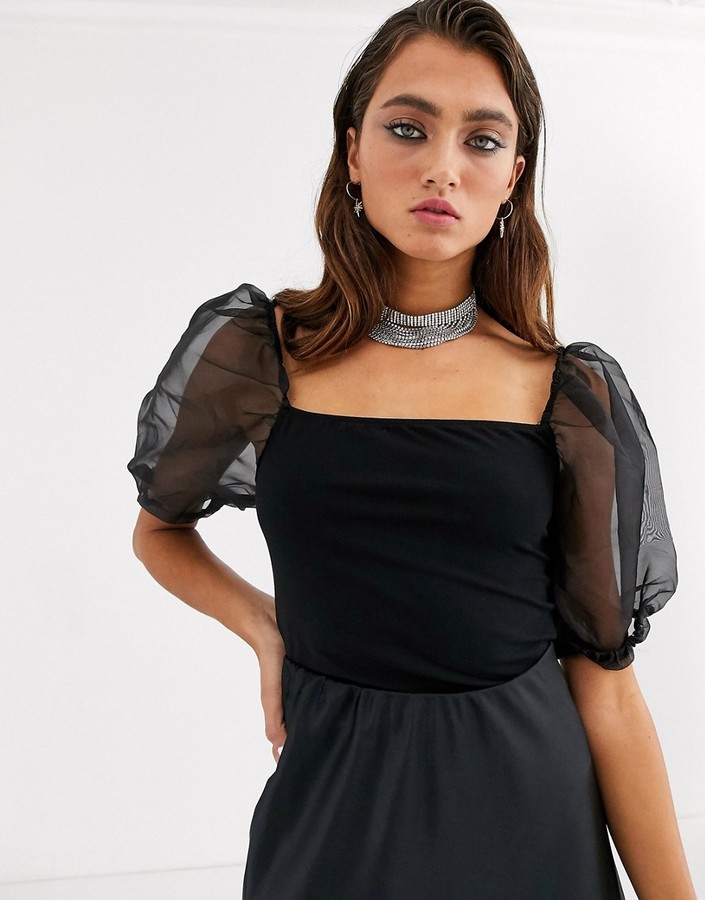 Bershka organza sleeve top in black - ShopStyle