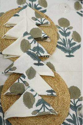 Fabdivine 18X18 Inch Boho Accent Thick Cotton White Table Napkin Floral Print (Badsha Gray) {Set of 12}