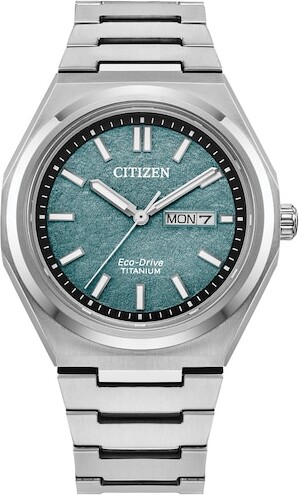 Zales Unisex Citizen Eco-Drive® Sport Luxury Zenshin Super Titanium™ Analog Watch with Aqua Green Dial (Model: Aw0130-85X)