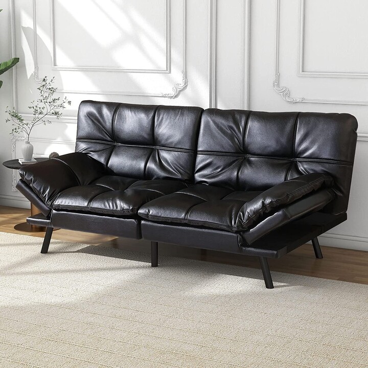 Milemont Futon Sofa Bed Modern Faux Leather Convertible Sofa Memory