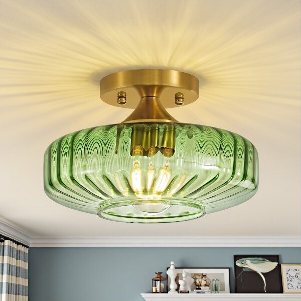POWLIGModernGoldCeilingLightFixturewithClearGlassShade9.84inchWideSemi-FlushMountforKitchenHallwayBedroom