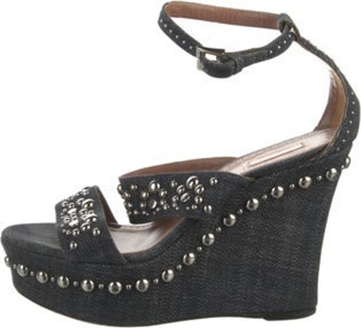 Alaia Denim Sandals Blue Studded Accents Platform Crossover Straps & Buckle Closure at Ankles