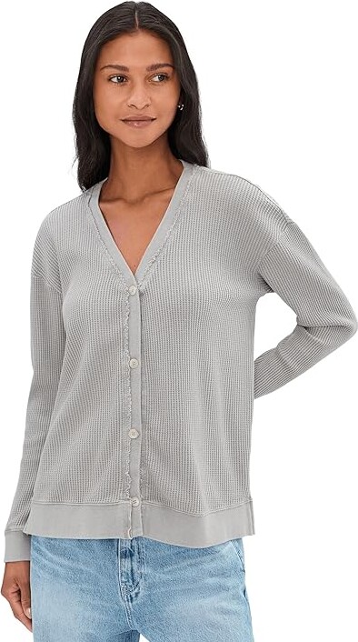 Mod-o-doc Long Sleeve Button Front Waffle Cardigan Women's Sweatshirt Moonshine : MD (US 8-10) Cotton/Down