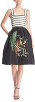 Thumbnail for your product : Oscar de la Renta Beaded Striped Top with "Monkey" Embroidered Skirt Cocktail Dress