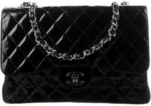 Chanel Classic Double Flap Quilted Patent Leather Silver-tone Medium Black  - US