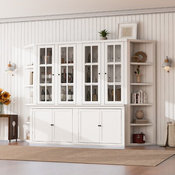 Gulches2x75.25''TallWhiteRetroPantryCabinetSetwithGlassDoors&2TriangleSideBookshelves105.5''WideStorage