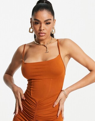 ASOS DESIGN contour cami ruched midi dress in rust - ShopStyle
